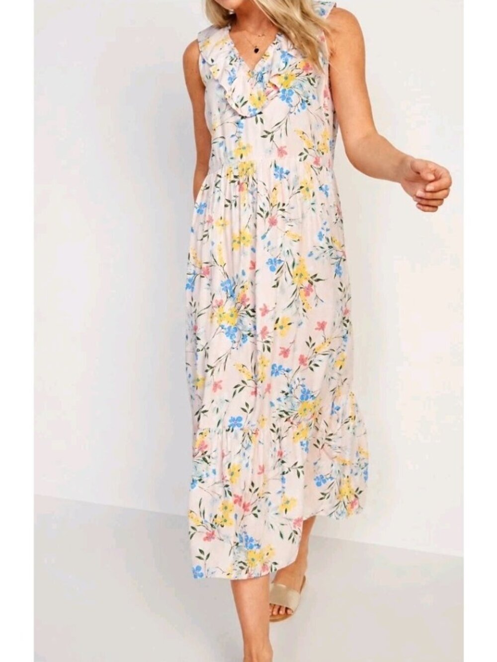 Old Navy Ruffled Midi Swing Dress Floral Sleeveless Lightweight Casual Size S